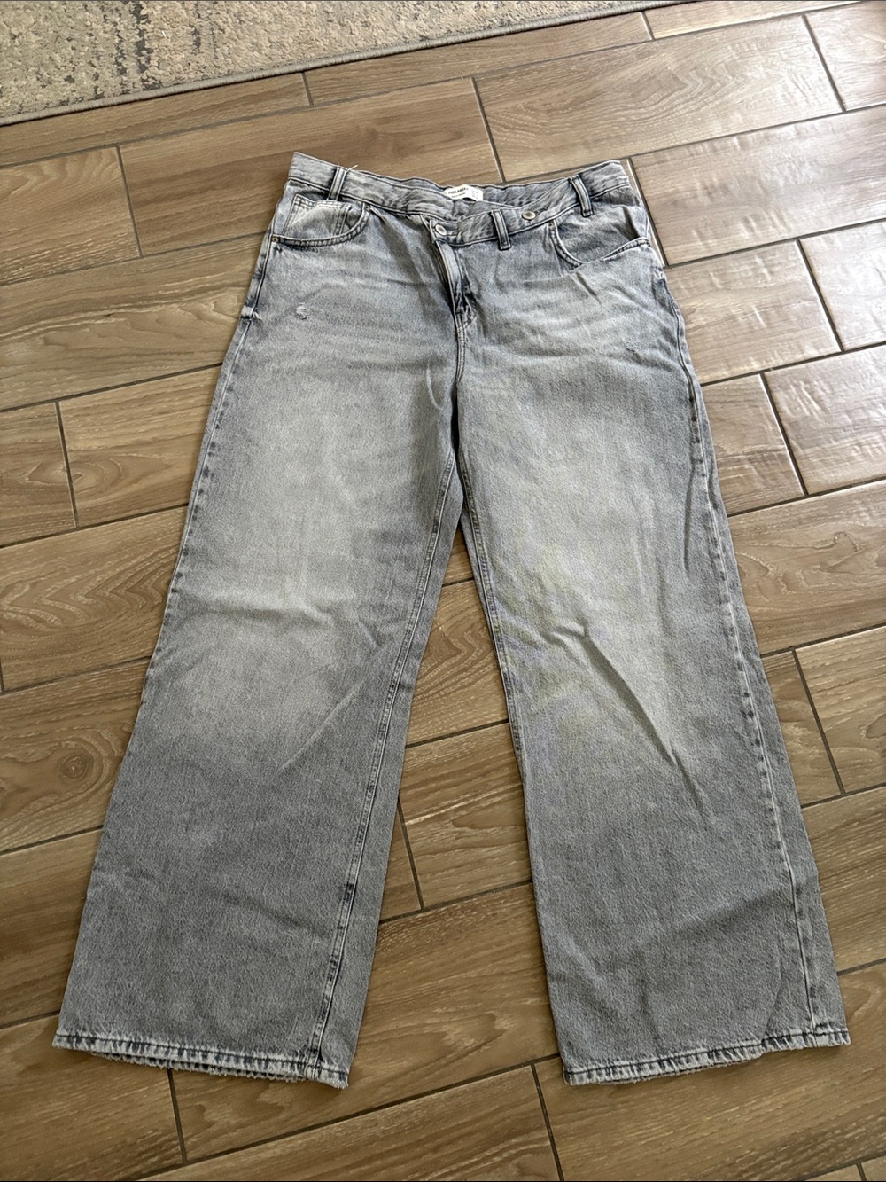 Pull&Bear baggy wide-leg blue denim jeans asymmetrical crossover button SZ 14
